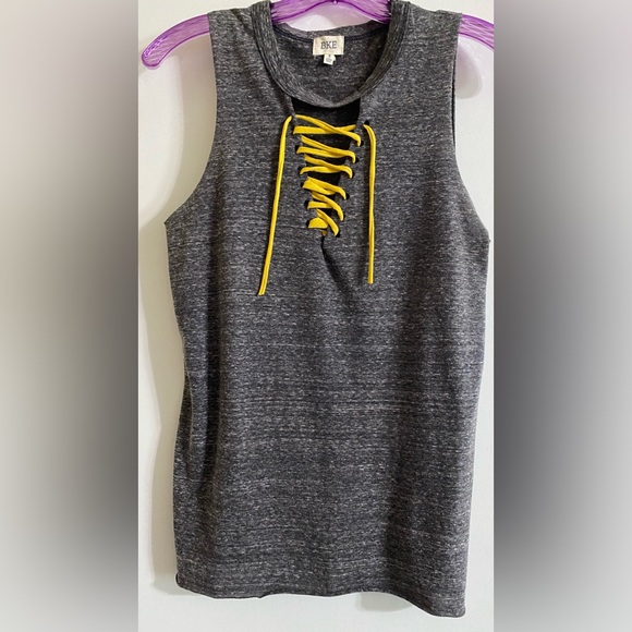 BKE Tops - BKE Charcoal Sleeveless Top with Mustard Lace-Up